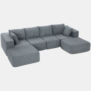 HOMCOM Sofá Modular em Forma de U, Sofá de Canto Seccional de 4 Lugares com 2 Banquetas, Almofadas, Apoios de Braço Largos, Sem Montagem, Assentos Amplos e Profundos, Estofado em Veludo, Cinzento Escuro