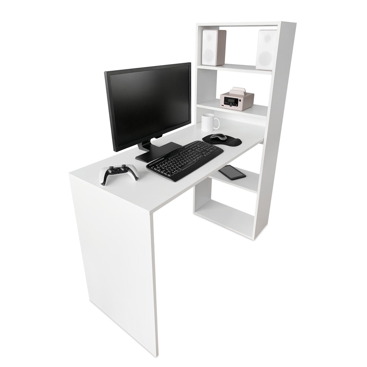 Escritorio urban con estantería | color blanco | diseño moderno y funcional | 122x140x53 cm