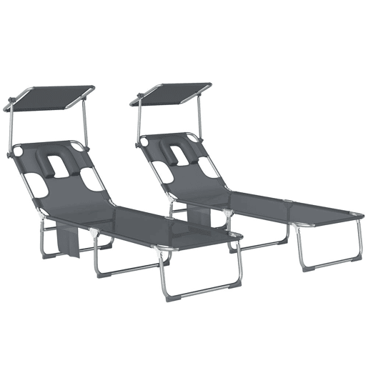 Outsunny Conjunto de 2 Espreguiçadeiras Dobráveis com Dossel 360° Encosto 5 Posições Orifício Facial e Textilene 550 gm² 188x56x27 cm Cinza Escuro