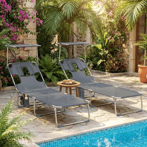 Outsunny Conjunto de 2 Espreguiçadeiras Dobráveis com Dossel 360° Encosto 5 Posições Orifício Facial e Textilene 550 gm² 188x56x27 cm Cinza Escuro