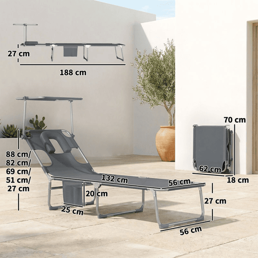 Outsunny Conjunto de 2 Espreguiçadeiras Dobráveis com Dossel 360° Encosto 5 Posições Orifício Facial e Textilene 550 gm² 188x56x27 cm Cinza Escuro
