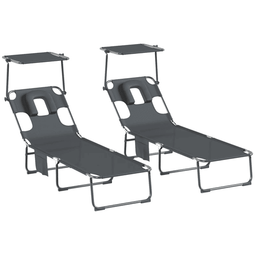 Outsunny Conjunto de 2 Espreguiçadeiras Dobráveis com Dossel 360° Encosto 5 Posições Orifício Facial e Textilene 550 gm² 188x56x27 cm Cinza Escuro
