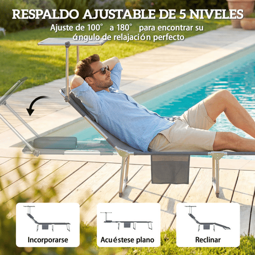 Outsunny Conjunto de 2 Espreguiçadeiras Dobráveis com Dossel 360° Encosto 5 Posições Orifício Facial e Textilene 550 gm² 188x56x27 cm Cinza Escuro