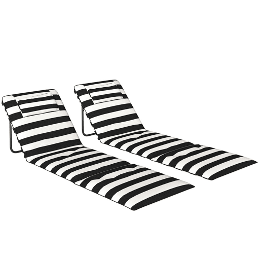 Outsunny Conjunto de 2 Esteiras de Praia Dobráveis, Portáteis com Encosto Ajustável, Almofada Acolchoada, Tecido Oxford 600D e Estrutura de Metal, para Jardim, 150x50x2 cm, Cinza e Branco