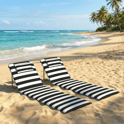 Outsunny Conjunto de 2 Esteiras de Praia Dobráveis, Portáteis com Encosto Ajustável, Almofada Acolchoada, Tecido Oxford 600D e Estrutura de Metal, para Jardim, 150x50x2 cm, Cinza e Branco