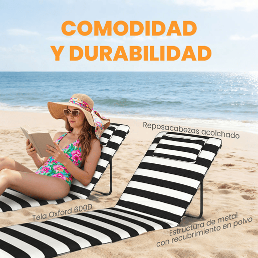Outsunny Conjunto de 2 Esteiras de Praia Dobráveis, Portáteis com Encosto Ajustável, Almofada Acolchoada, Tecido Oxford 600D e Estrutura de Metal, para Jardim, 150x50x2 cm, Cinza e Branco