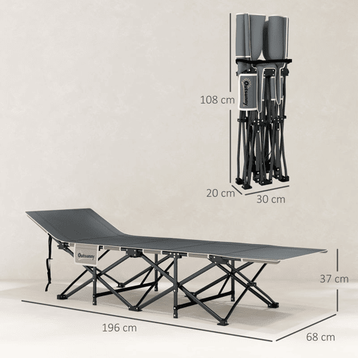 Outsunny Cama Dobrável de Campismo Portátil com Apoio de Cabeça, Colchão Removível e Bolsa de Transporte, Suporta até 150 kg, 186x68x37 cm, Cinzento Escuro