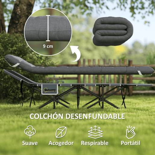 Outsunny Cama Dobrável de Campismo Portátil com Apoio de Cabeça, Colchão Removível e Bolsa de Transporte, Suporta até 150 kg, 186x68x37 cm, Cinzento Escuro