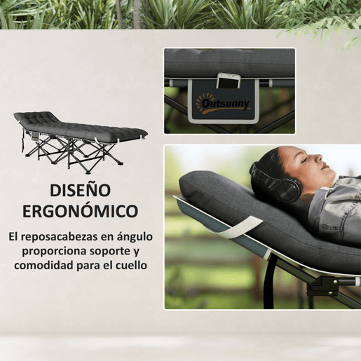 Outsunny Cama Dobrável de Campismo Portátil com Apoio de Cabeça, Colchão Removível e Bolsa de Transporte, Suporta até 150 kg, 186x68x37 cm, Cinzento Escuro