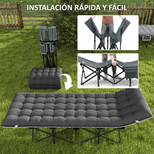 Outsunny Cama Dobrável de Campismo Portátil com Apoio de Cabeça, Colchão Removível e Bolsa de Transporte, Suporta até 150 kg, 186x68x37 cm, Cinzento Escuro