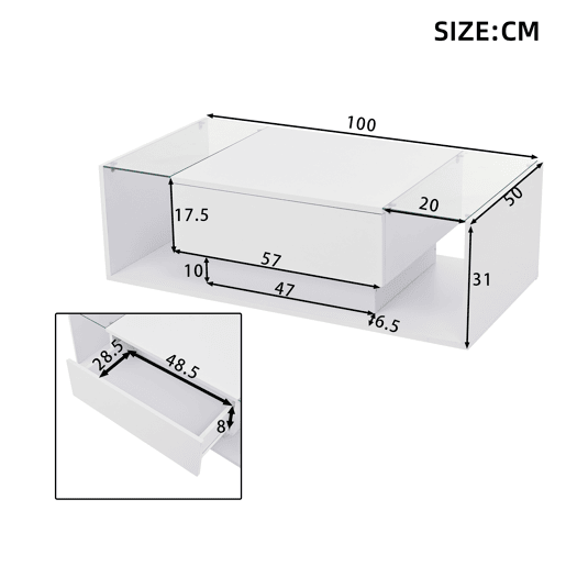 Mesa de centro retangular de painel de partÃculas com 1 gaveta e luz led,branco Mesa de centro retangular de painel de partÃculas com 1 gaveta e luz led,branco