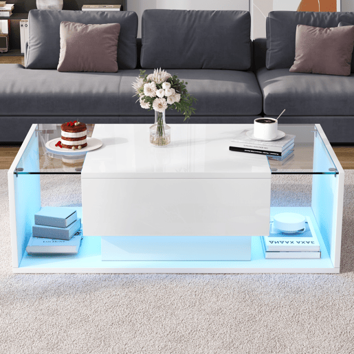 Mesa de centro retangular de painel de partÃculas com 1 gaveta e luz led,branco Mesa de centro retangular de painel de partÃculas com 1 gaveta e luz led,branco