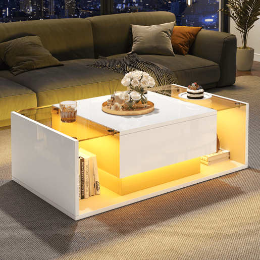 Mesa de centro retangular de painel de partÃculas com 1 gaveta e luz led,branco Mesa de centro retangular de painel de partÃculas com 1 gaveta e luz led,branco