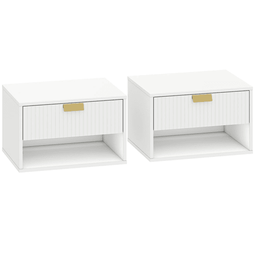HOMCOM Conjunto de 2 Mesas de Cabeceira Suspensas, Mesas de Cabeceira com Gaveta com Frente Ondulada e Prateleira Aberta, Design Moderno, para Quarto, 40x30x25 cm, Branco