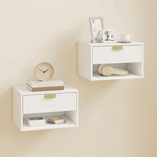 HOMCOM Conjunto de 2 Mesas de Cabeceira Suspensas, Mesas de Cabeceira com Gaveta com Frente Ondulada e Prateleira Aberta, Design Moderno, para Quarto, 40x30x25 cm, Branco