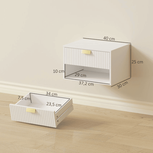 HOMCOM Conjunto de 2 Mesas de Cabeceira Suspensas, Mesas de Cabeceira com Gaveta com Frente Ondulada e Prateleira Aberta, Design Moderno, para Quarto, 40x30x25 cm, Branco