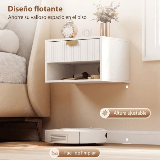 HOMCOM Conjunto de 2 Mesas de Cabeceira Suspensas, Mesas de Cabeceira com Gaveta com Frente Ondulada e Prateleira Aberta, Design Moderno, para Quarto, 40x30x25 cm, Branco