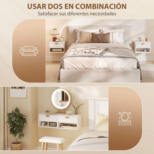 HOMCOM Conjunto de 2 Mesas de Cabeceira Suspensas, Mesas de Cabeceira com Gaveta com Frente Ondulada e Prateleira Aberta, Design Moderno, para Quarto, 40x30x25 cm, Branco