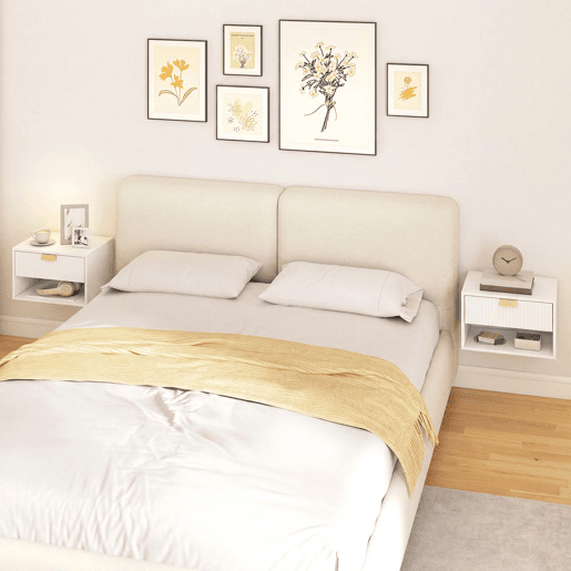 HOMCOM Conjunto de 2 Mesas de Cabeceira Suspensas, Mesas de Cabeceira com Gaveta com Frente Ondulada e Prateleira Aberta, Design Moderno, para Quarto, 40x30x25 cm, Branco