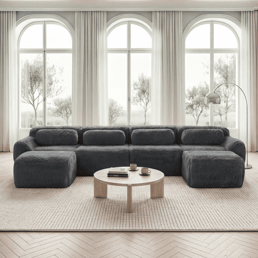 Sofá modular U 4 lugares - sem montagem, combinável, felpa, suporte ergonómico - Cinza