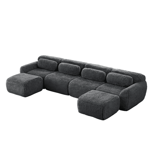 Sofá modular U 4 lugares - sem montagem, combinável, felpa, suporte ergonómico - Cinza