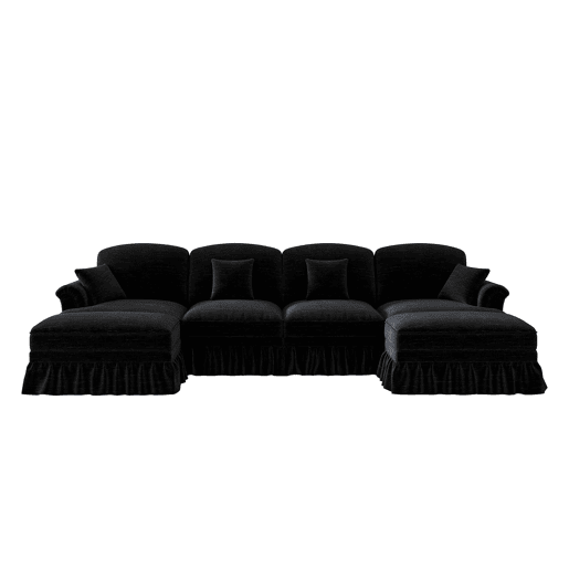 Sofá modular U 4 lugares - Chenille, braços cónicos, saia removível, pufes móveis - Preto