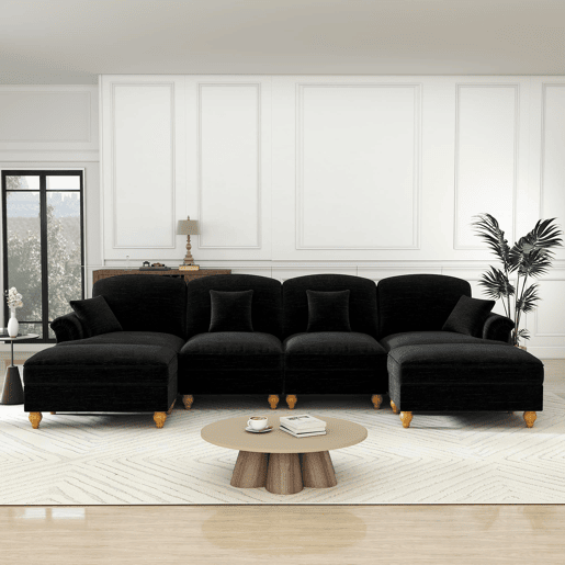 Sofá modular U 4 lugares - Chenille, braços cónicos, saia removível, pufes móveis - Preto