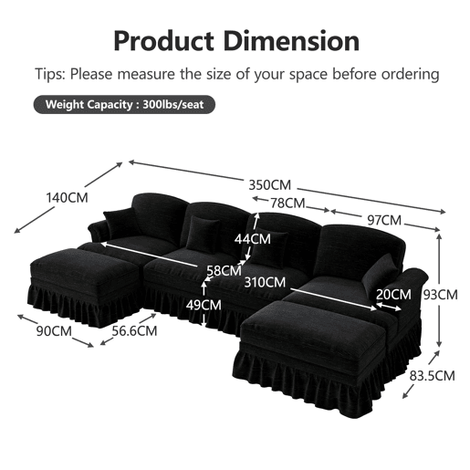 Sofá modular U 4 lugares - Chenille, braços cónicos, saia removível, pufes móveis - Preto