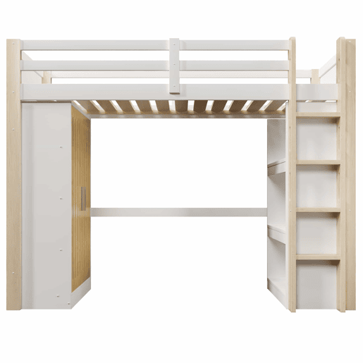 Cama alta 90x200 cm - com luzes LED, armário e estante, sem colchão - branco e natural