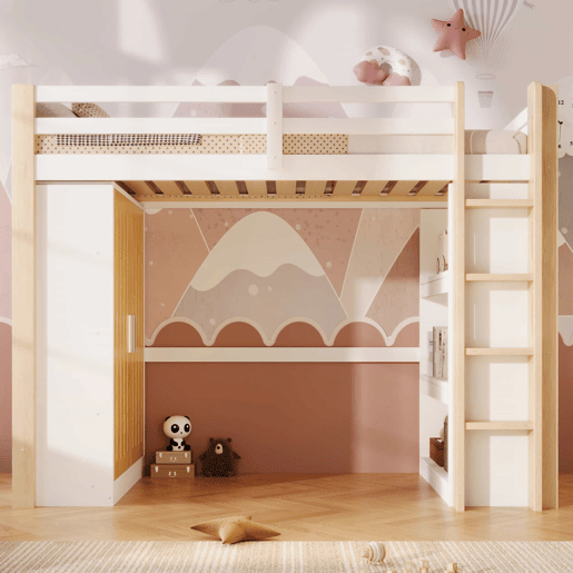 Cama alta 90x200 cm - com luzes LED, armário e estante, sem colchão - branco e natural