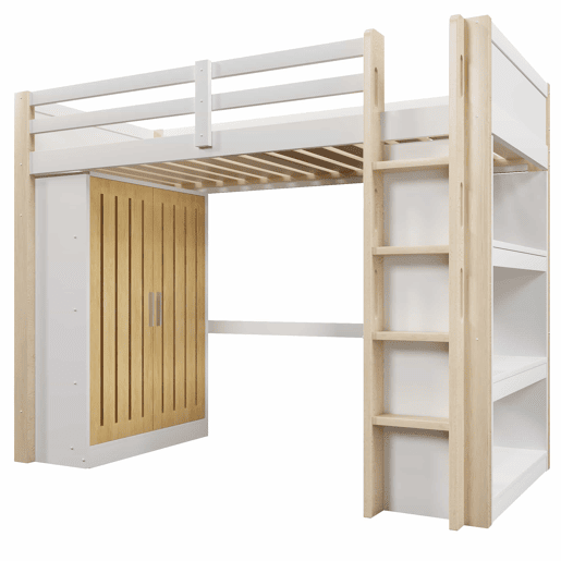 Cama alta 90x200 cm - com luzes LED, armário e estante, sem colchão - branco e natural