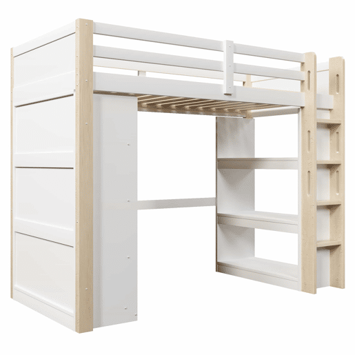 Cama alta 90x200 cm - com luzes LED, armário e estante, sem colchão - branco e natural