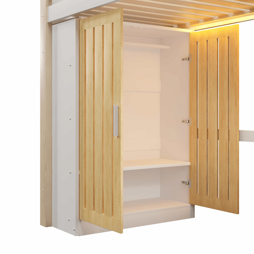 Cama alta 90x200 cm - com luzes LED, armário e estante, sem colchão - branco e natural