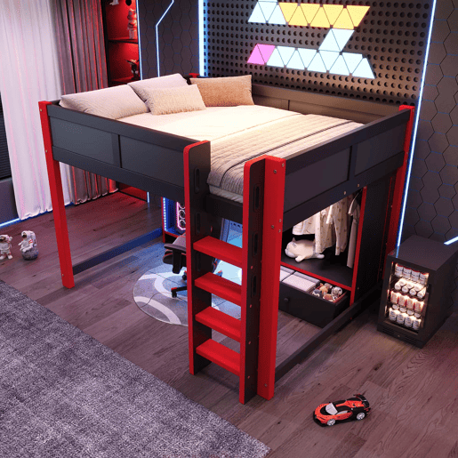 Cama alta 140x200 cm - com LED, cama gaming com secretária, armário e gavetas grandes - preto+vermelho