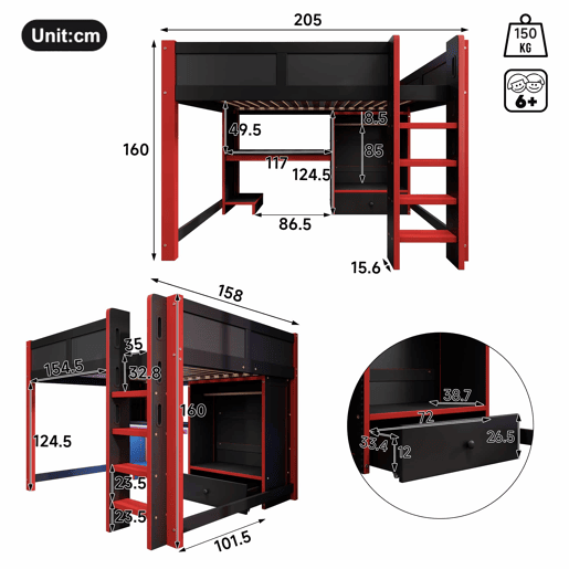 Cama alta 140x200 cm - com LED, cama gaming com secretária, armário e gavetas grandes - preto+vermelho