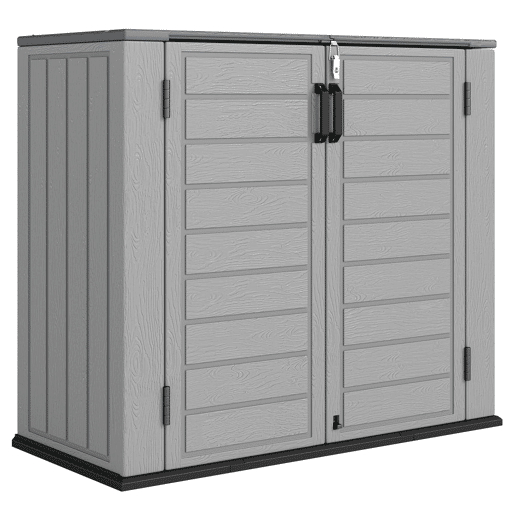 Outsunny Armário Exterior de HDPE 940L com Tampa Dobrável e 2 Portas, Fecho para Armazenamento de Ferramentas 142x67x119 cm Cinzento Claro