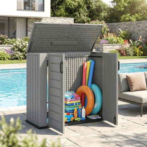 Outsunny Armário Exterior de HDPE 940L com Tampa Dobrável e 2 Portas, Fecho para Armazenamento de Ferramentas 142x67x119 cm Cinzento Claro
