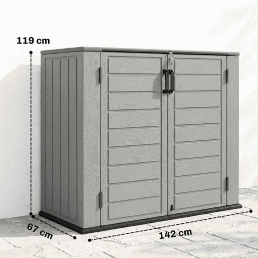 Outsunny Armário Exterior de HDPE 940L com Tampa Dobrável e 2 Portas, Fecho para Armazenamento de Ferramentas 142x67x119 cm Cinzento Claro