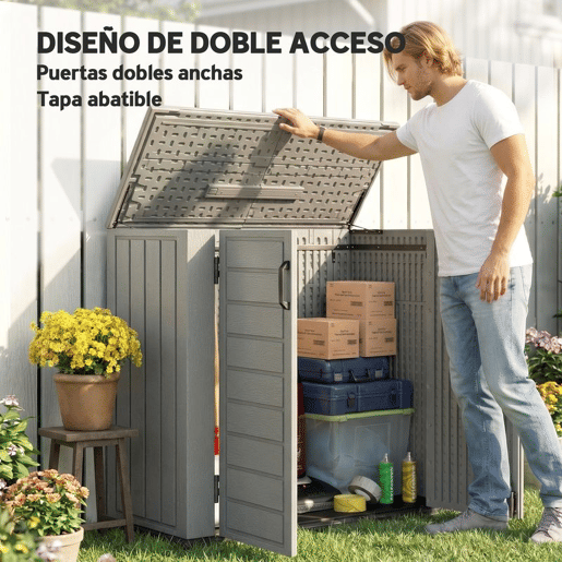 Outsunny Armário Exterior de HDPE 940L com Tampa Dobrável e 2 Portas, Fecho para Armazenamento de Ferramentas 142x67x119 cm Cinzento Claro