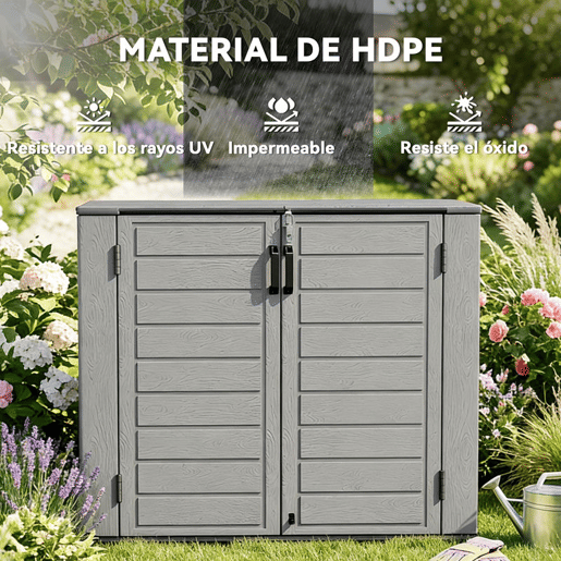 Outsunny Armário Exterior de HDPE 940L com Tampa Dobrável e 2 Portas, Fecho para Armazenamento de Ferramentas 142x67x119 cm Cinzento Claro