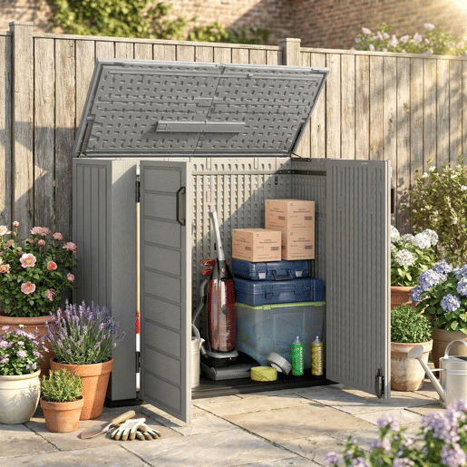 Outsunny Armário Exterior de HDPE 940L com Tampa Dobrável e 2 Portas, Fecho para Armazenamento de Ferramentas 142x67x119 cm Cinzento Claro