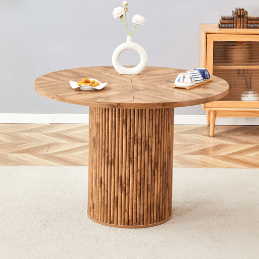 Mesa de jantar redonda 100 cm - Superfície de 4 segmentos com padrão de madeira, pernas cilíndricas com arrumação, barra metálica e fecho de velcro - Cor madeira