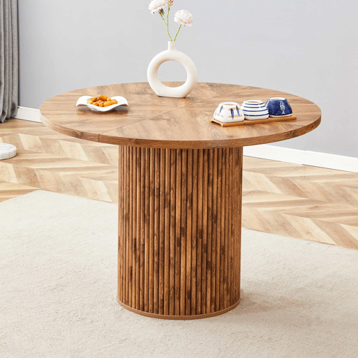 Mesa de jantar redonda 100 cm - Superfície de 4 segmentos com padrão de madeira, pernas cilíndricas com arrumação, barra metálica e fecho de velcro - Cor madeira