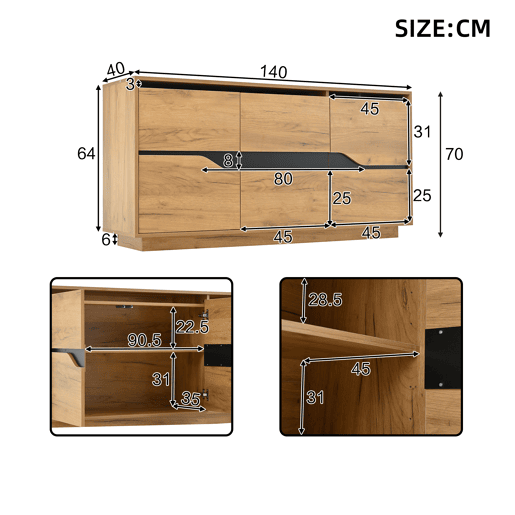 Aparador de painel de partículas com 3 portas,natural