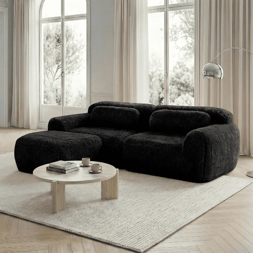 Sofá modular L - 2 lugares, veludo macio, combinável, com almofadas - Preto