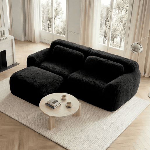 Sofá modular L - 2 lugares, veludo macio, combinável, com almofadas - Preto