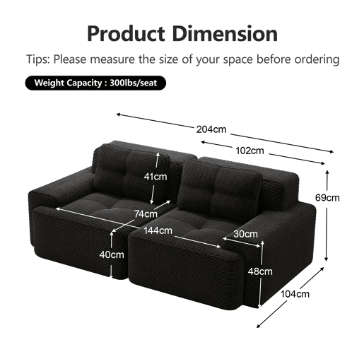 Sofá modular de 2 lugares - moderno, confortável, veludo tipo veludo cotelê, sofá-cama - preto