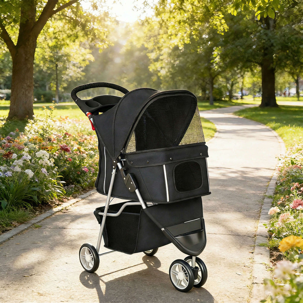 Pawhut carrito para perros plegable, cochecito para perros pequeños con cesta de almacenaje, ventanas de malla, portavasos y ruedas, carga 10 kg, 77x44x102 cm, negro