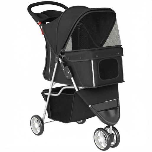 PawHut Carrinho para Cães Dobrável Carrinho para Cães Pequenos com Cesto de Armazenamento Janelas de Rede Porta-Copos e Rodas Suporta até 10 kg 77x44x102 cm Preto