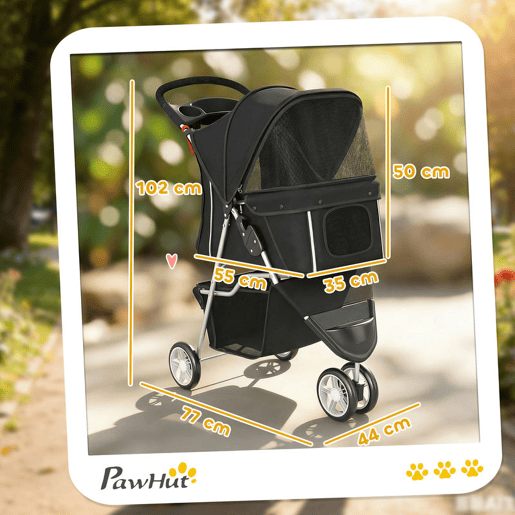 PawHut Carrinho para Cães Dobrável Carrinho para Cães Pequenos com Cesto de Armazenamento Janelas de Rede Porta-Copos e Rodas Suporta até 10 kg 77x44x102 cm Preto